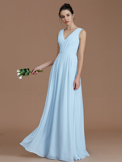 Weitese A-Line/Princess V-neck Sleeveless Ruched Floor-Length Chiffon Bridesmaid Dresses