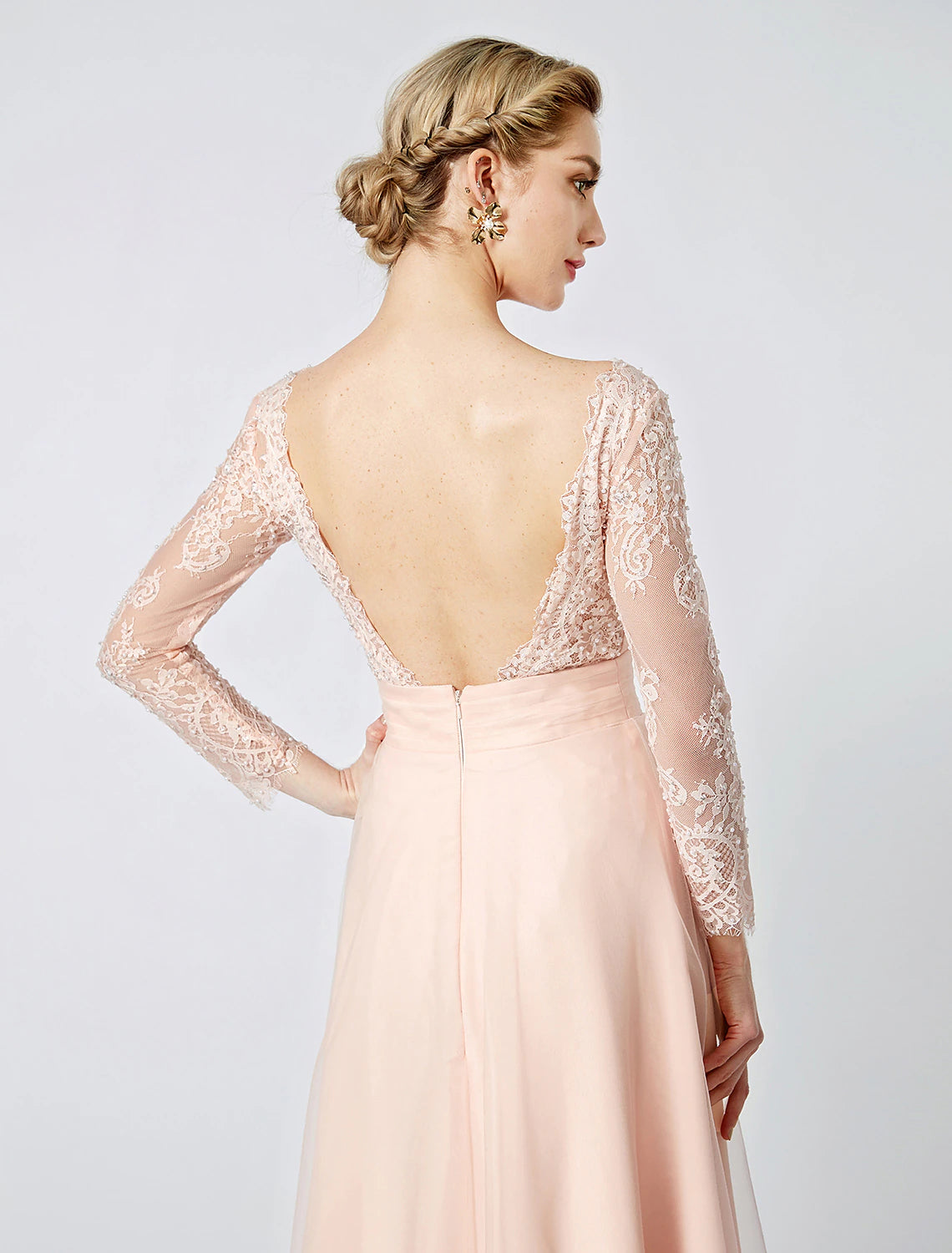 Weitese Ball Gown Pastel Colors Dress Holiday Cocktail Party Floor Length Long Sleeve V Neck Tulle Low Back with Beading Appliques