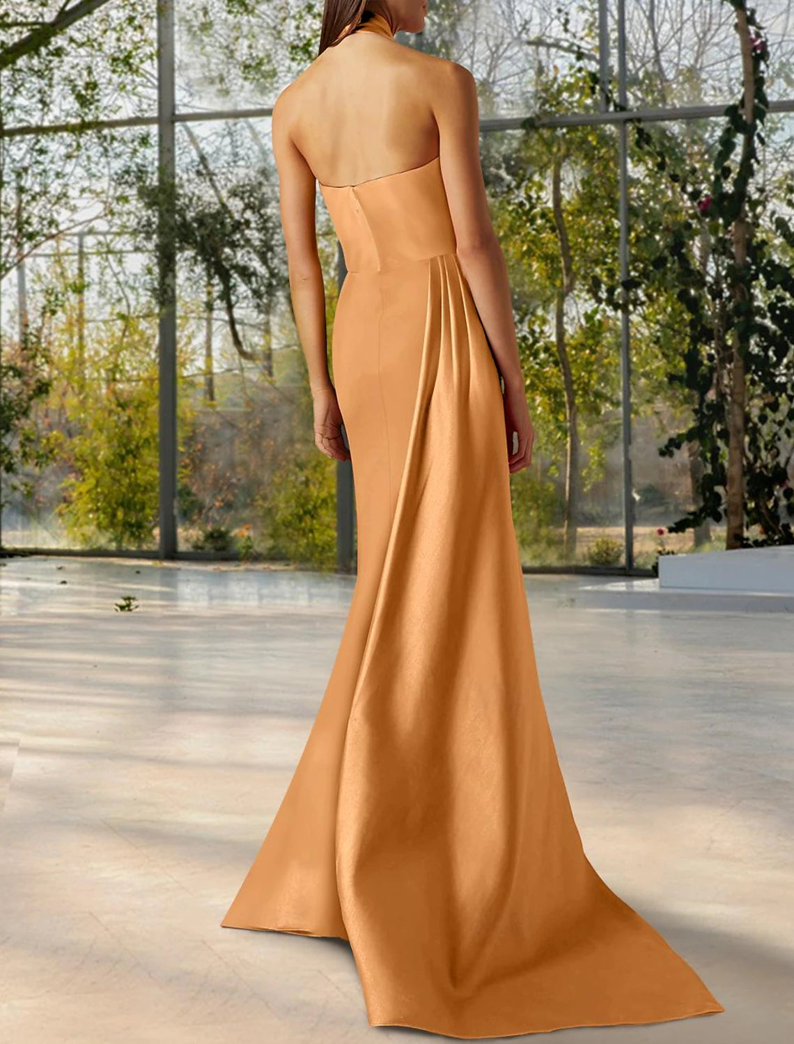 Mermaid / Trumpet Evening Gown Sexy Dress Formal Wedding Guest Court Train Sleeveless Halter Neck Satin