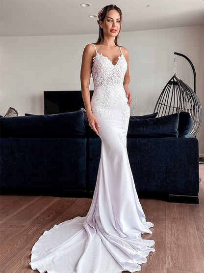 Spaghetti Straps Applique Stretch Crepe Sleeveless Cathedral Train Wedding Dresses