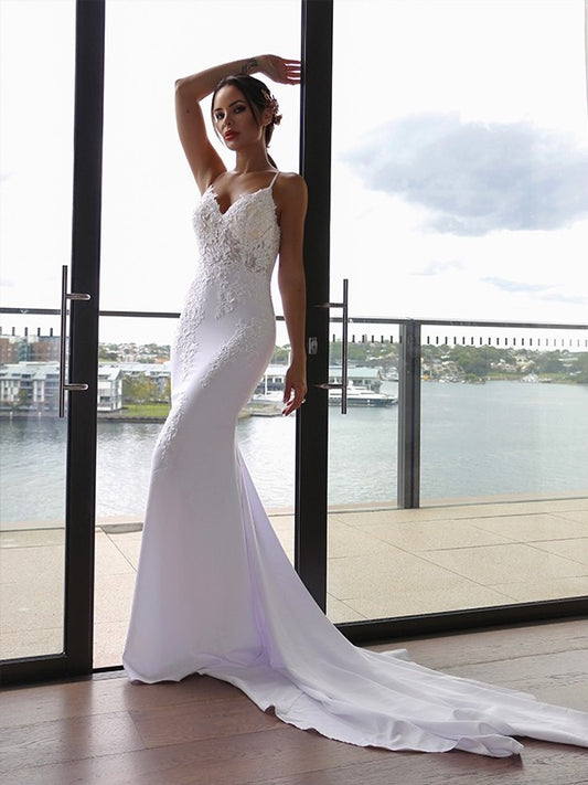 Spaghetti Straps Applique Stretch Crepe Sleeveless Cathedral Train Wedding Dresses