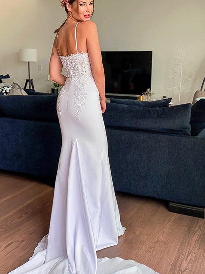 Spaghetti Straps Applique Stretch Crepe Sleeveless Cathedral Train Wedding Dresses