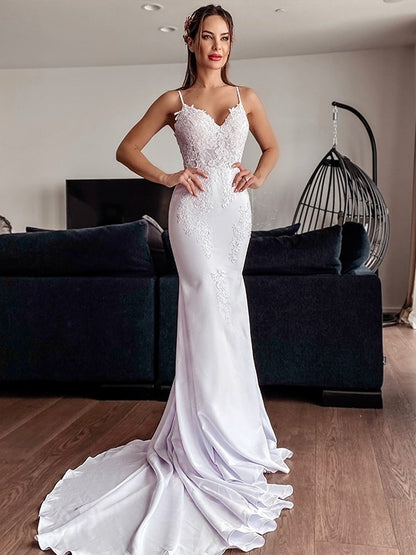 Spaghetti Straps Applique Stretch Crepe Sleeveless Cathedral Train Wedding Dresses