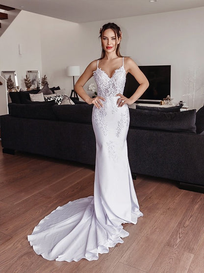 Spaghetti Straps Applique Stretch Crepe Sleeveless Cathedral Train Wedding Dresses