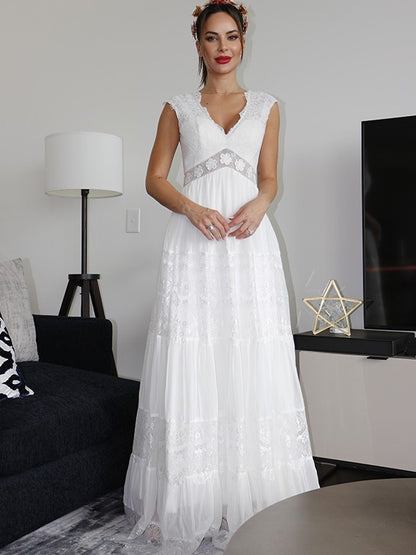 V-neck Short Sleeves Lace Ruched Floor-Length Wedding Dresses