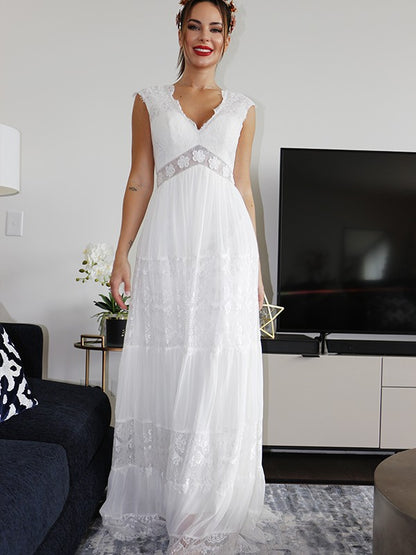 V-neck Short Sleeves Lace Ruched Floor-Length Wedding Dresses