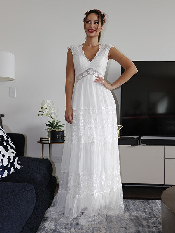 V-neck Short Sleeves Lace Ruched Floor-Length Wedding Dresses