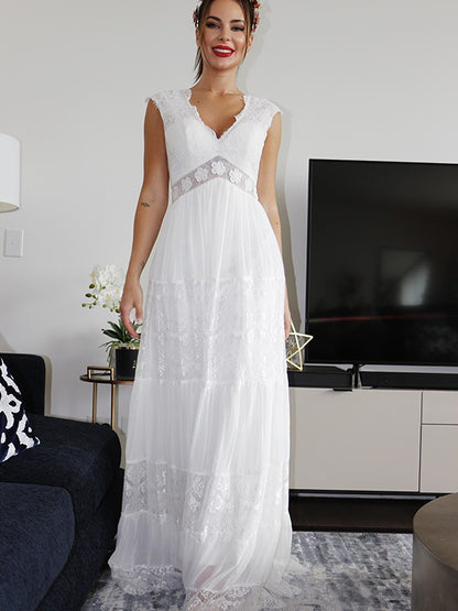 V-neck Short Sleeves Lace Ruched Floor-Length Wedding Dresses