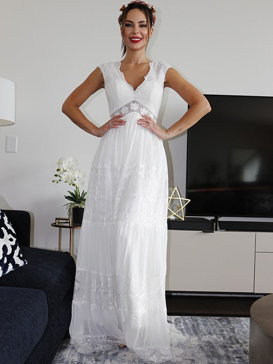 V-neck Short Sleeves Lace Ruched Floor-Length Wedding Dresses