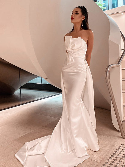 Satin Ruched Strapless Sleeveless Court Train Wedding Dresses