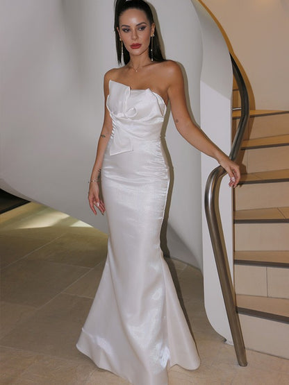 Satin Ruched Strapless Sleeveless Court Train Wedding Dresses