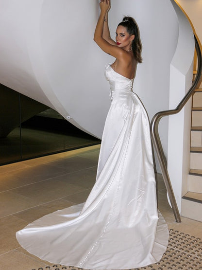 Satin Ruched Strapless Sleeveless Court Train Wedding Dresses