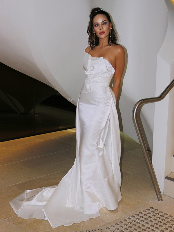 Satin Ruched Strapless Sleeveless Court Train Wedding Dresses