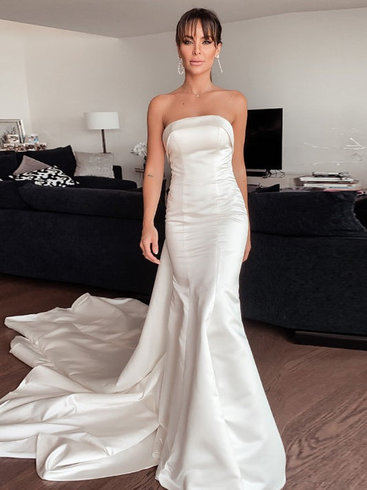 Satin Ruffles Strapless Sleeveless Court Train Wedding Dresses