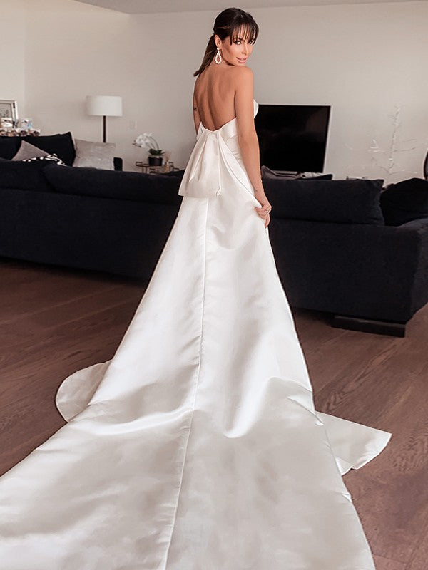 Satin Ruffles Strapless Sleeveless Court Train Wedding Dresses