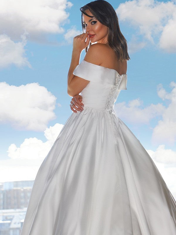 Satin Ruffles Off-the-Shoulder Sleeveless Court Train Wedding Dresses