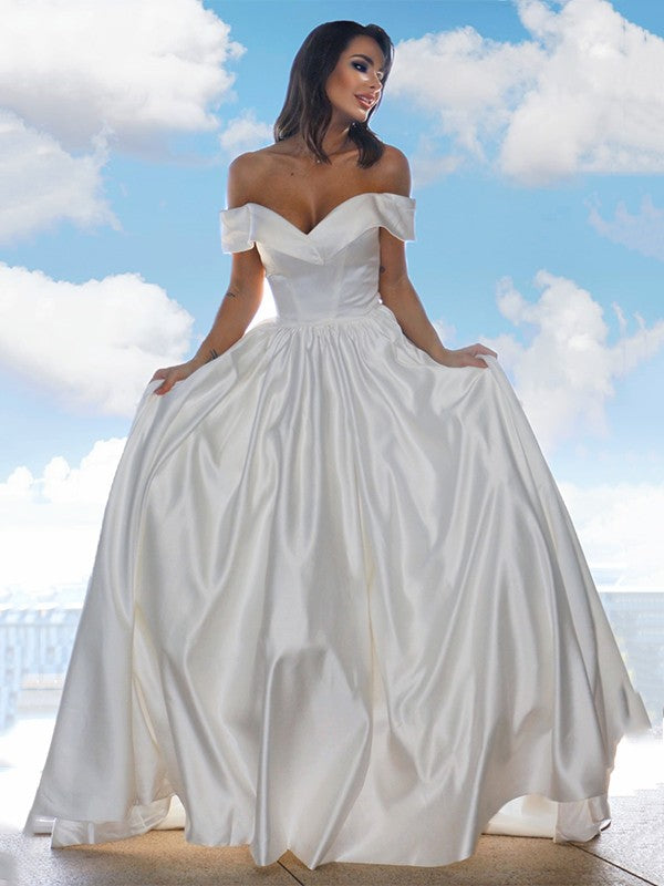 Satin Ruffles Off-the-Shoulder Sleeveless Court Train Wedding Dresses