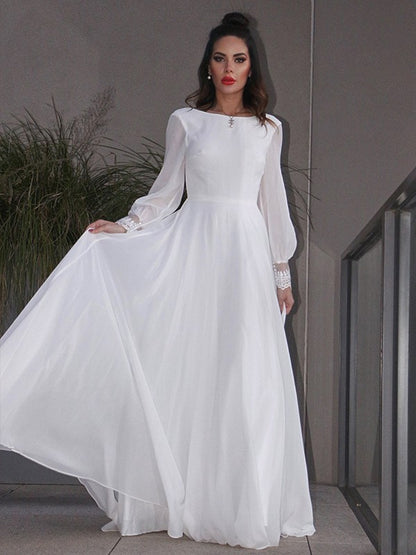 Chiffon Ruffles Long Sleeves Scoop Sweep/Brush Train Wedding Dresses