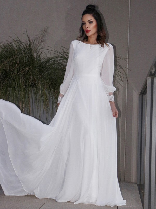 Chiffon Ruffles Long Sleeves Scoop Sweep/Brush Train Wedding Dresses