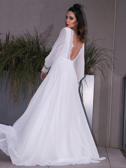 Chiffon Ruffles Long Sleeves Scoop Sweep/Brush Train Wedding Dresses