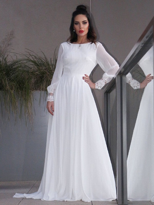 Chiffon Ruffles Long Sleeves Scoop Sweep/Brush Train Wedding Dresses