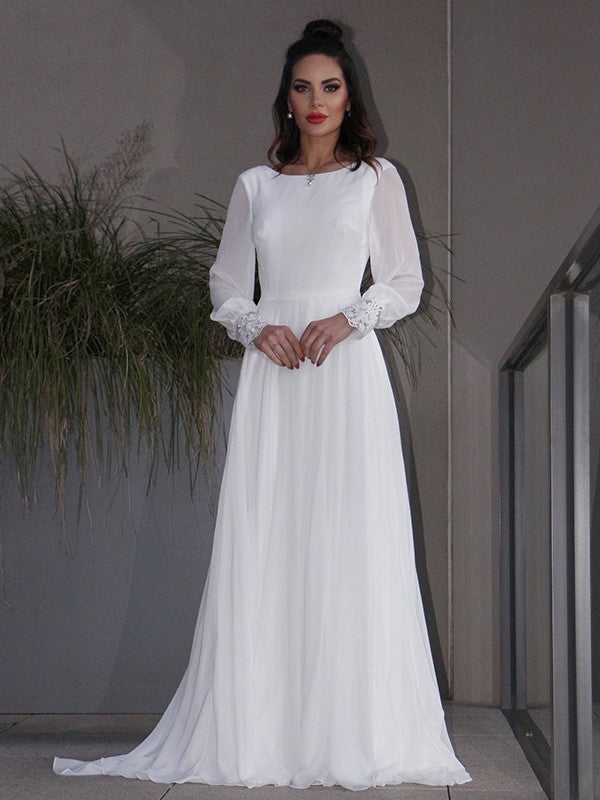 Chiffon Ruffles Long Sleeves Scoop Sweep/Brush Train Wedding Dresses