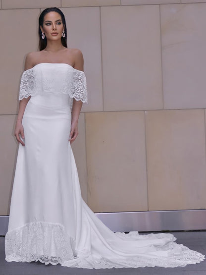 Lace Ruffles Off-the-Shoulder Short Sleeves Chapel Train Wedding Dresses