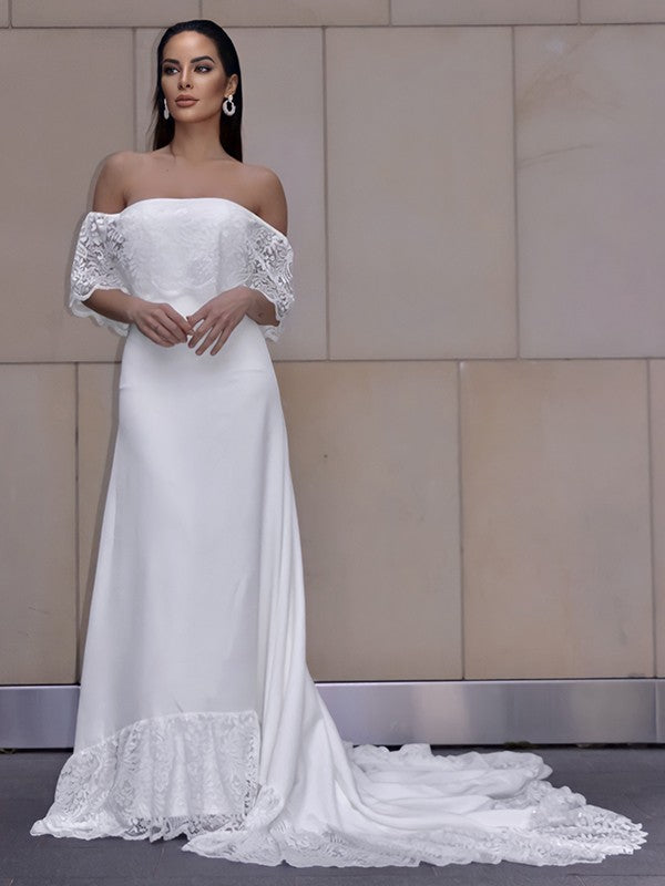 Lace Ruffles Off-the-Shoulder Short Sleeves Chapel Train Wedding Dresses