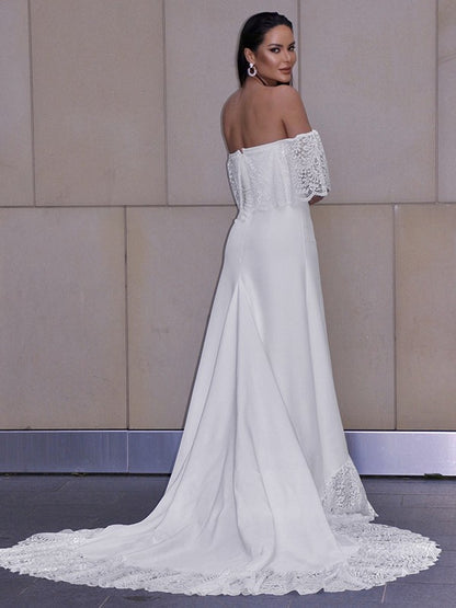 Lace Ruffles Off-the-Shoulder Short Sleeves Chapel Train Wedding Dresses