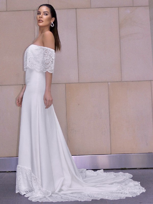 Lace Ruffles Off-the-Shoulder Short Sleeves Chapel Train Wedding Dresses