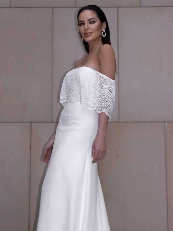 Lace Ruffles Off-the-Shoulder Short Sleeves Chapel Train Wedding Dresses