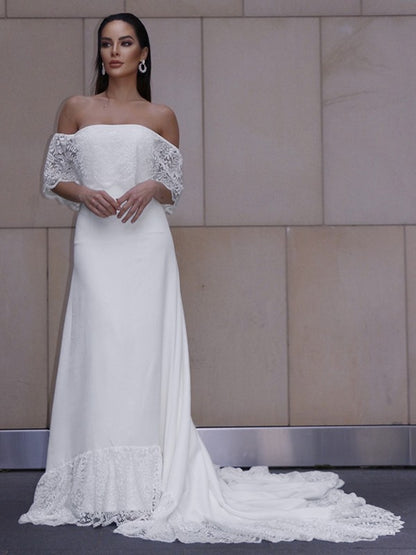 Lace Ruffles Off-the-Shoulder Short Sleeves Chapel Train Wedding Dresses