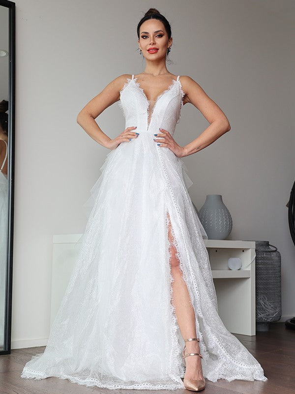 Lace Ruffles V-neck Sleeveless Sweep/Brush Train Wedding Dresses