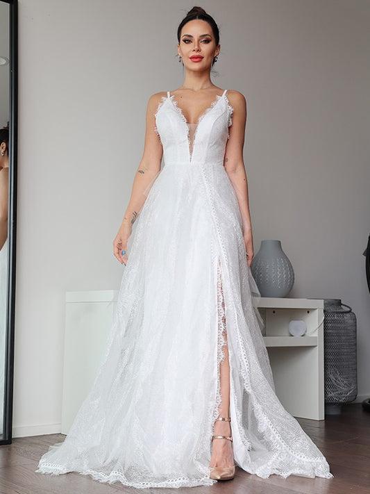 Lace Ruffles V-neck Sleeveless Sweep/Brush Train Wedding Dresses