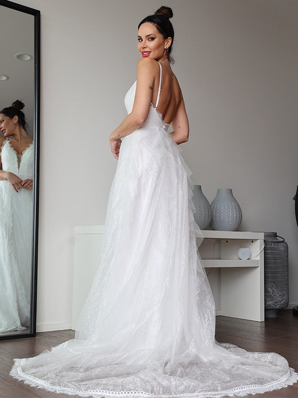 Lace Ruffles V-neck Sleeveless Sweep/Brush Train Wedding Dresses