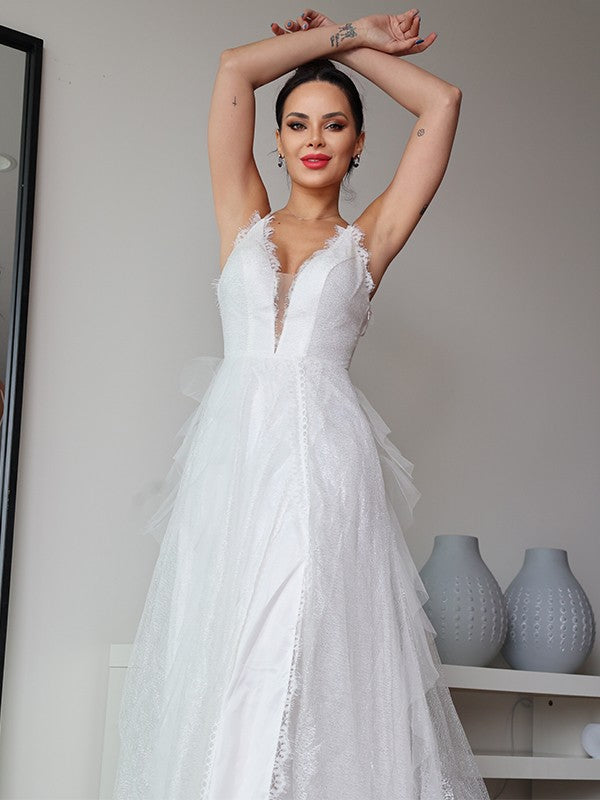 Lace Ruffles V-neck Sleeveless Sweep/Brush Train Wedding Dresses