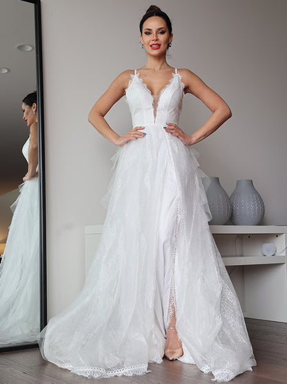 Lace Ruffles V-neck Sleeveless Sweep/Brush Train Wedding Dresses