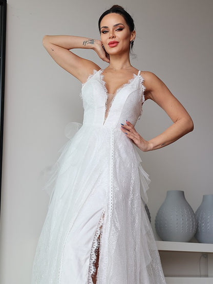 Lace Ruffles V-neck Sleeveless Sweep/Brush Train Wedding Dresses