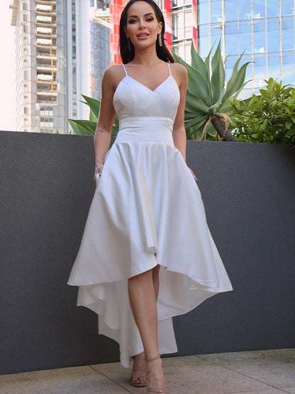 V-neck Sleeveless Asymmetrical Wedding Dresses