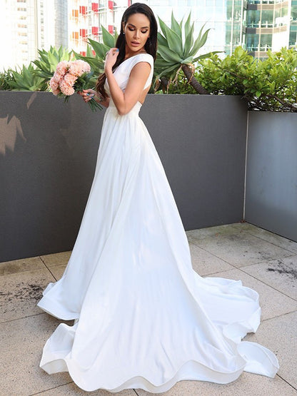 Crepe Ruffles V-neck Short Sleeves Sweep/Brush Train Wedding Dresses