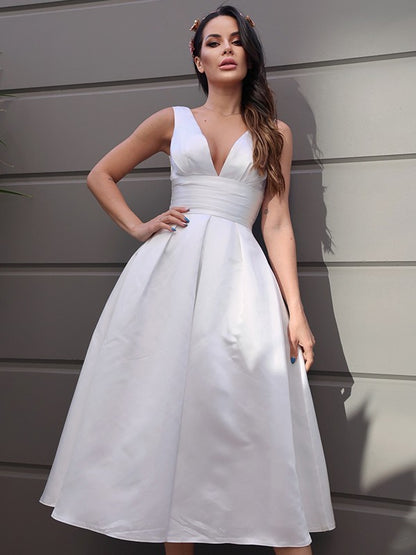 Satin Ruched V-neck Sleeveless Tea-Length Wedding Dresses