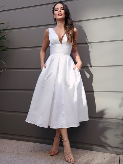 Satin Ruched V-neck Sleeveless Tea-Length Wedding Dresses