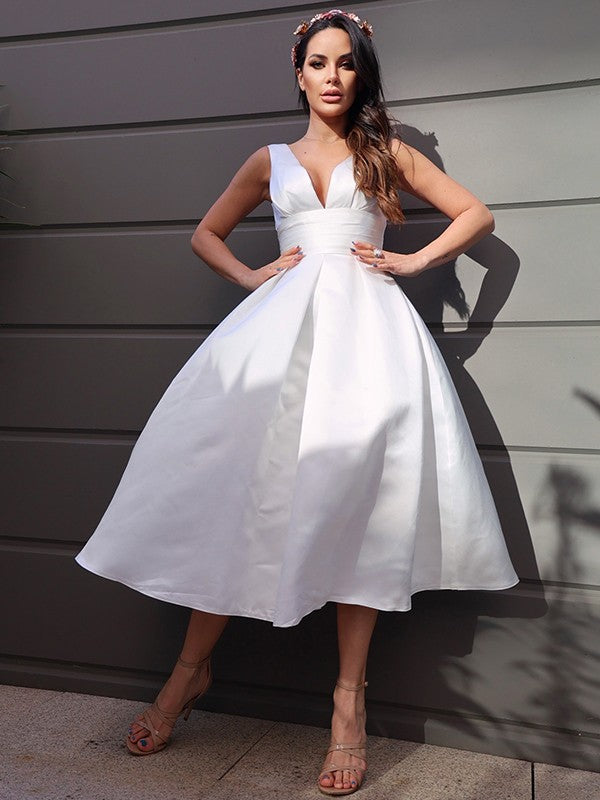 Satin Ruched V-neck Sleeveless Tea-Length Wedding Dresses