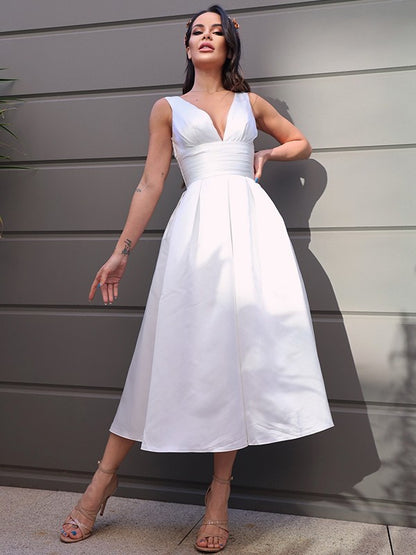 Satin Ruched V-neck Sleeveless Tea-Length Wedding Dresses