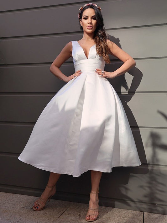 Satin Ruched V-neck Sleeveless Tea-Length Wedding Dresses