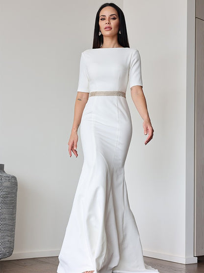 Stretch Crepe Ruched Scoop 1/2 Sleeves Sweep/Brush Train Wedding Dresses