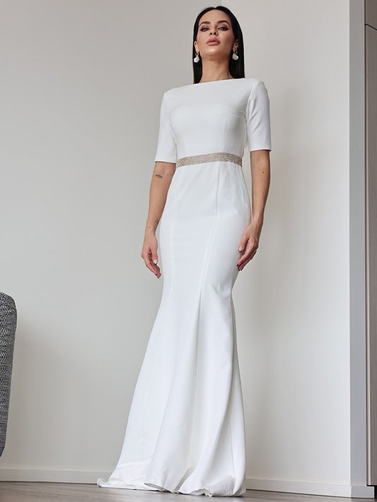 Stretch Crepe Ruched Scoop 1/2 Sleeves Sweep/Brush Train Wedding Dresses