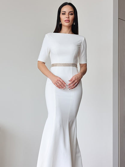 Stretch Crepe Ruched Scoop 1/2 Sleeves Sweep/Brush Train Wedding Dresses