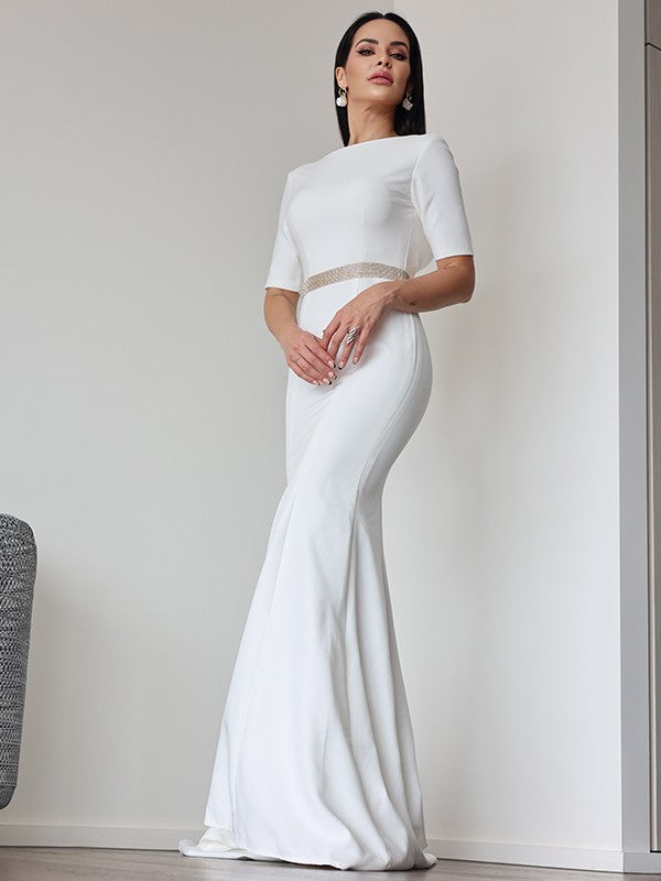 Stretch Crepe Ruched Scoop 1/2 Sleeves Sweep/Brush Train Wedding Dresses