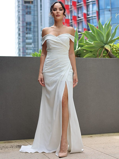 Stretch Crepe Ruched Off-the-Shoulder Sleeveless Sweep/Brush Train Wedding Dresses